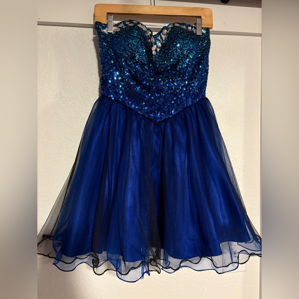 Masquerade ~ Junior Strapless Blue Sequin Dress